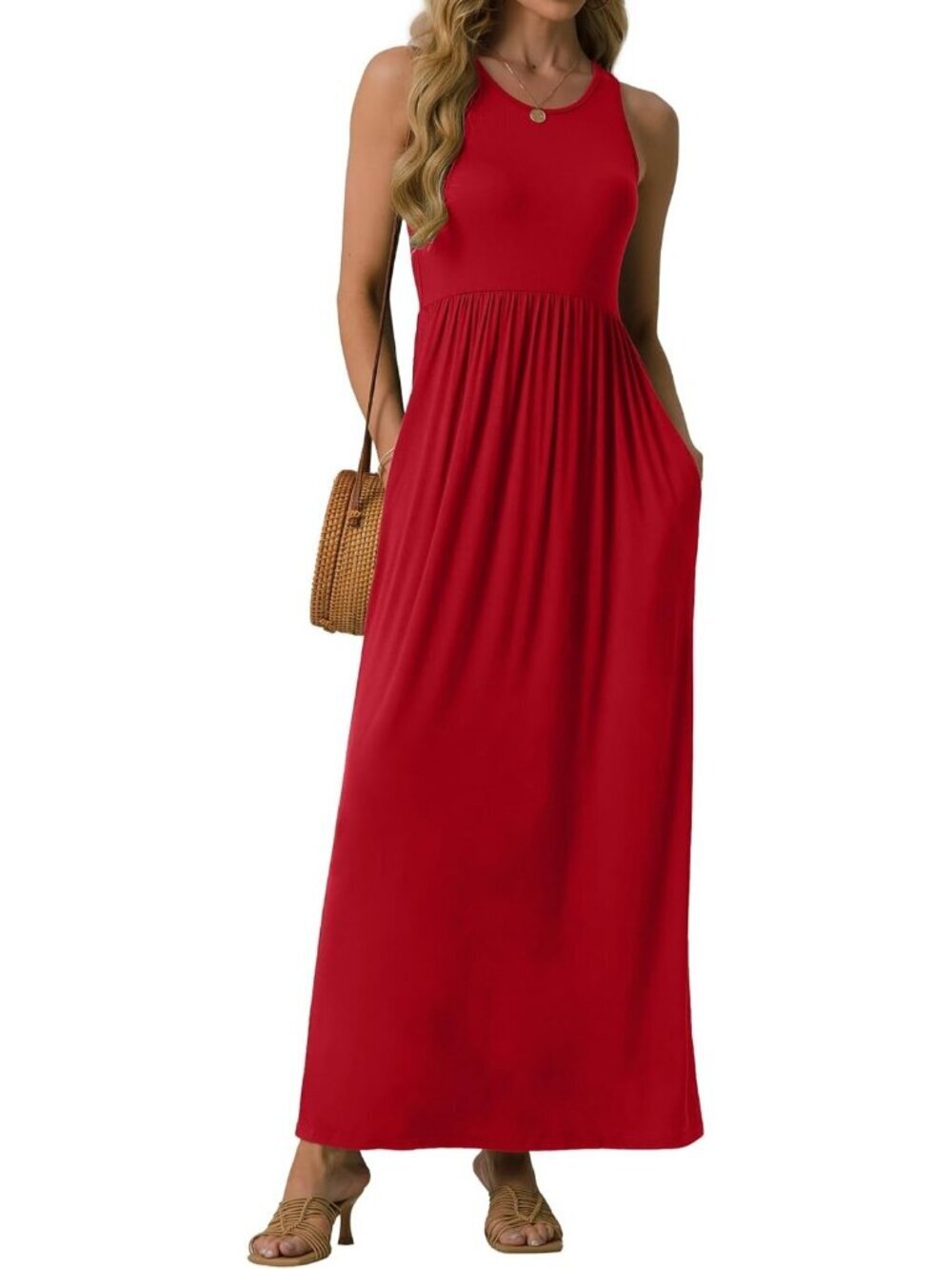 Women's Red Stylish Summer Sleeveless Casual Long Tank with Pockets Maxi Dress